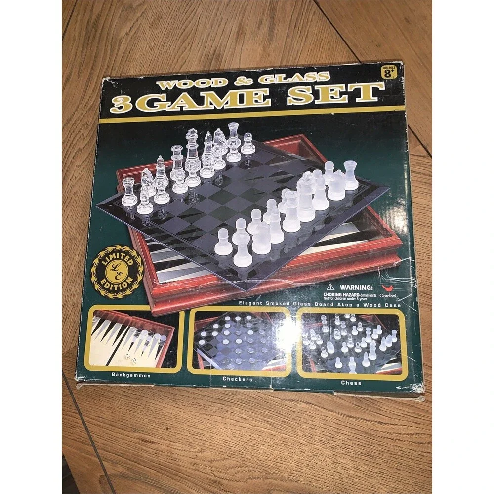 GLASS & WOOD 3 GAME SET CHESS - CHECKERS - BACKGAMMON CARDINAL MODEL 82-25 NOB
